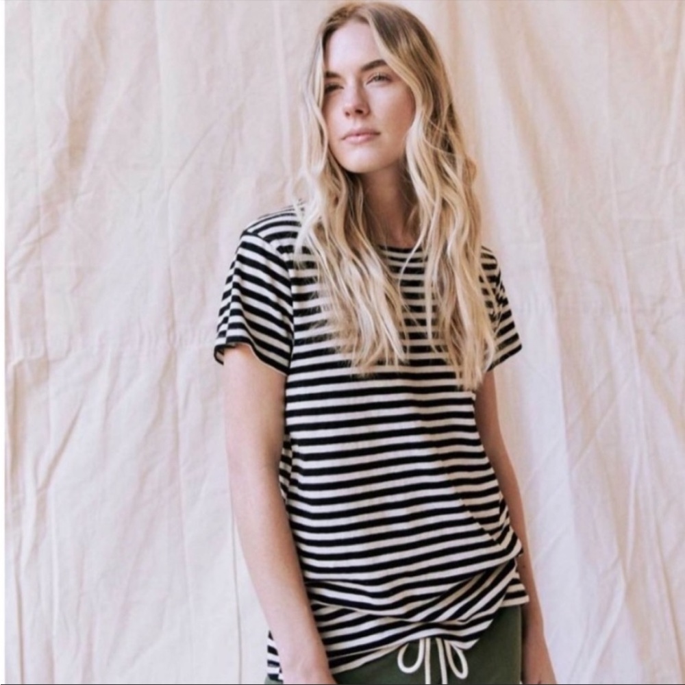 The GREAT. Striped Boxy Tee in Black & White. Size 0.